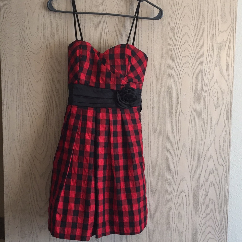 Red buffalo check short homecoming or party dress